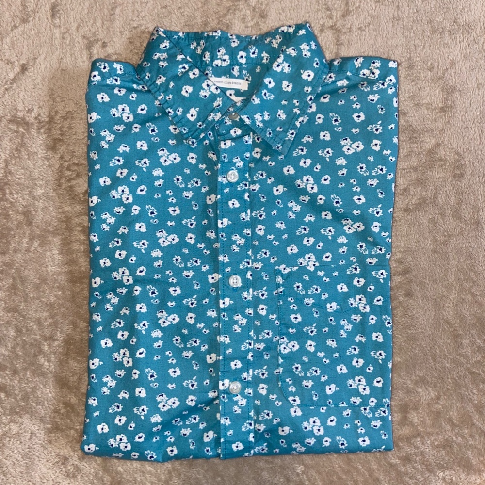 Old Navy Casual Button Up Shirt Men's M Blue Floral Cotton Slim Fit Short Sleeve